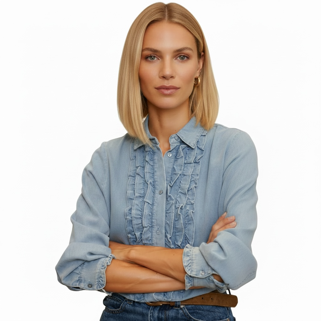 langærmet denim skjorte med flæser